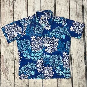 VTG Hawaiian Hawaii Floral Blue Short Sleeve Aloha Honeymoon Shirt